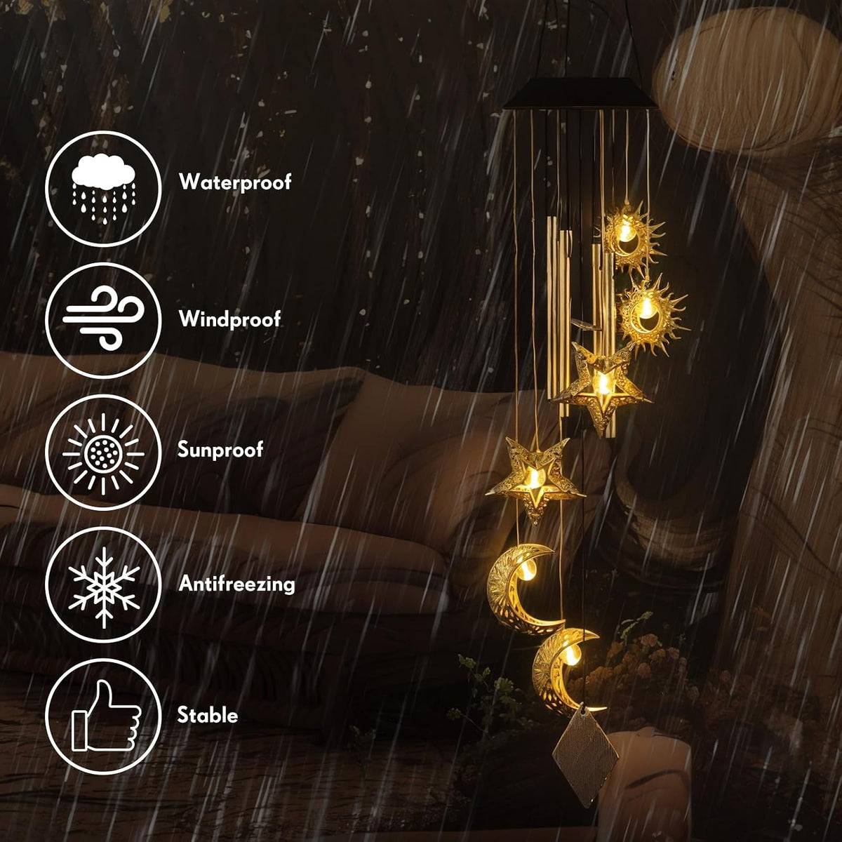 Colingmill Solar Wind Chimes for Outside,Sun Moon Star,Warm Lights