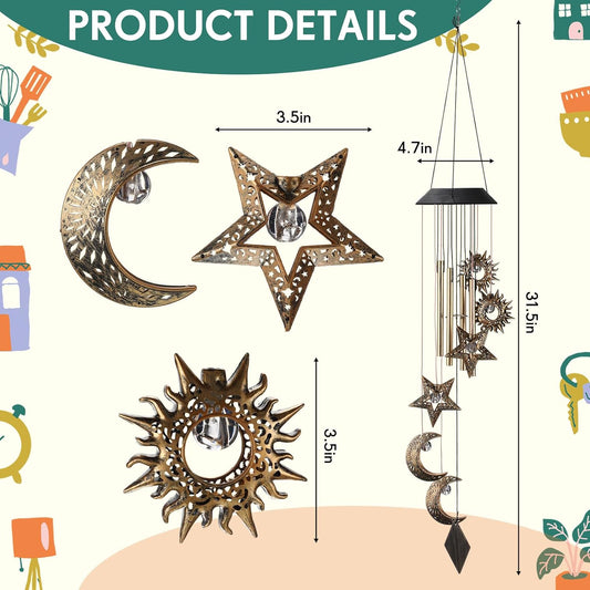 Colingmill Solar Wind Chimes for Outside,Sun Moon Star,Warm Lights