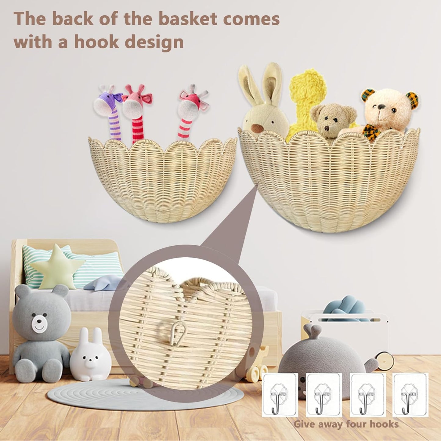 Scalloped Wall Basket, 2pcs Hand Woven Hanging Wicker Set