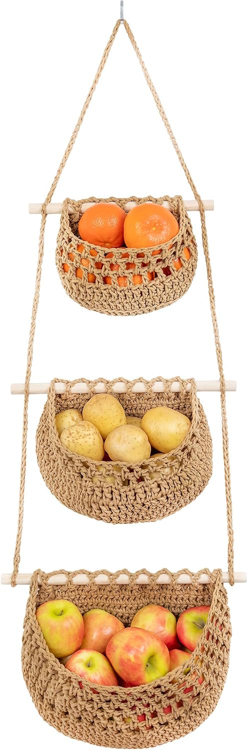 Cotton Hanging Fruit Basket,3 Tier Woven wall Basket, hanging Storage baskets for Kicthen and Bathroom, Macrame wall hanging, Boho Decor Over The Door Decor Organizer, White (Brown)