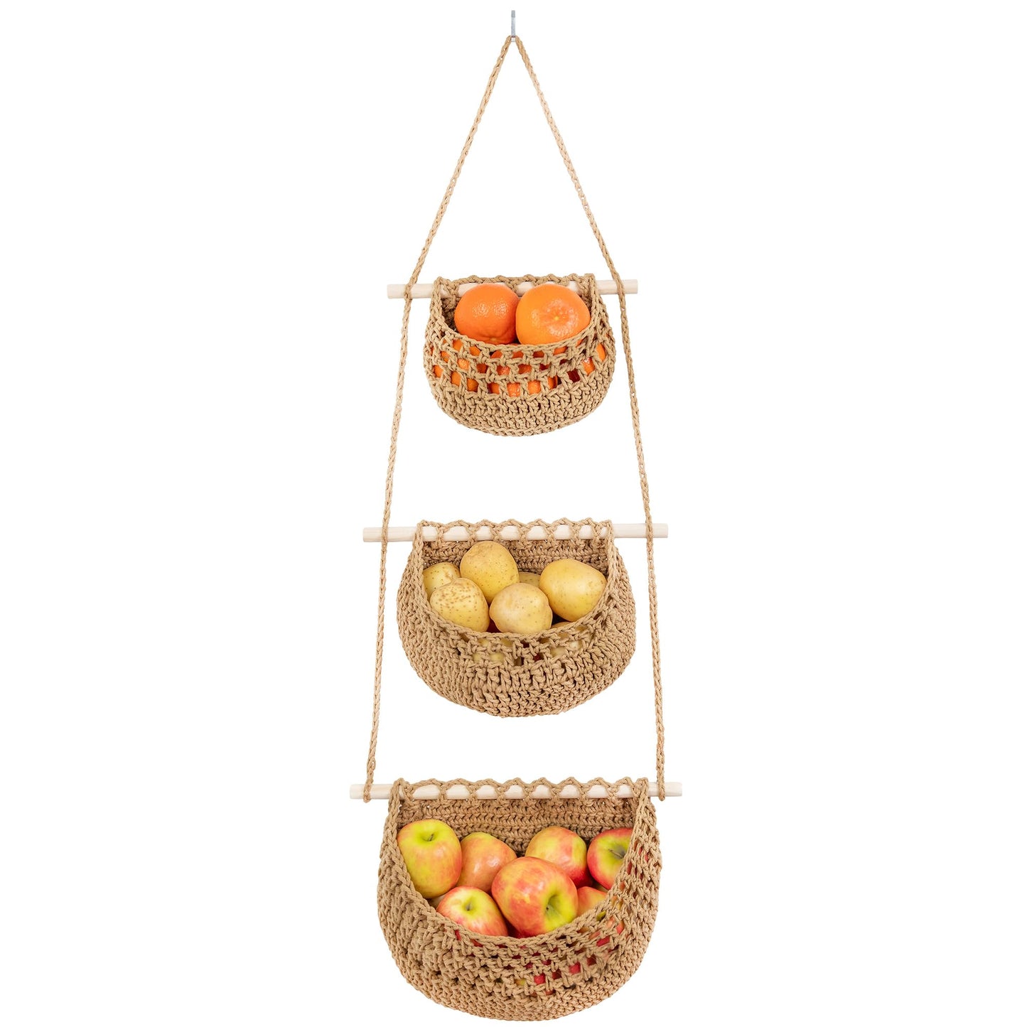 Cotton Hanging Fruit Basket,3 Tier Woven wall Basket, hanging Storage baskets for Kicthen and Bathroom, Macrame wall hanging, Boho Decor Over The Door Decor Organizer, White (Brown)
