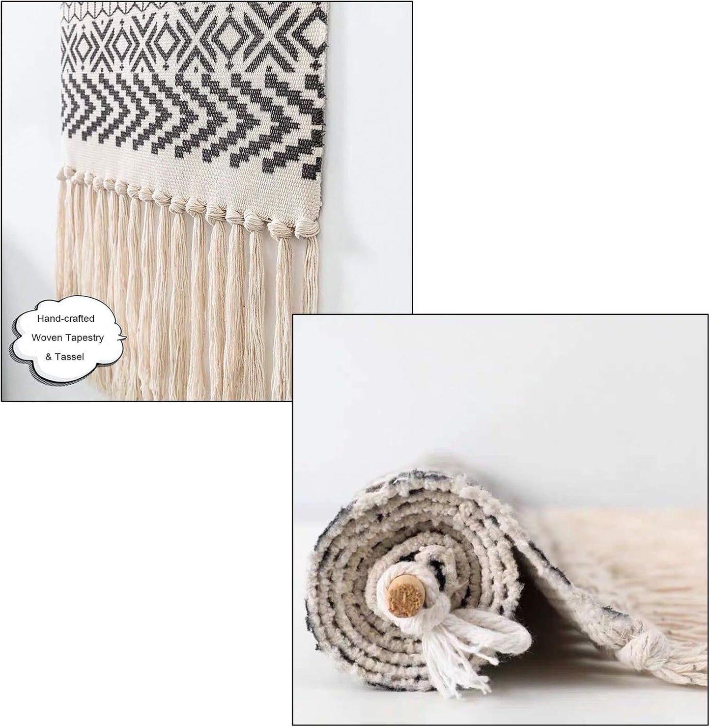 Macrame Woven Wall Tapestry Hanging Art, 20x34 Large Boho Chic Bohemian Morocco Black White Diamond Rhombus Geometric Tapestries Decor for Apartment Dorm Kids Living Room Bedroom Door Entrance