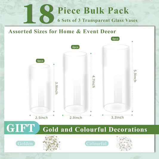 Glass Cylinder Vase Set of 18 for Centerpieces, 4,4.7,6 inch Tall Clear Vase Floating Candle Holder for Wedding Table Home Décor and Party