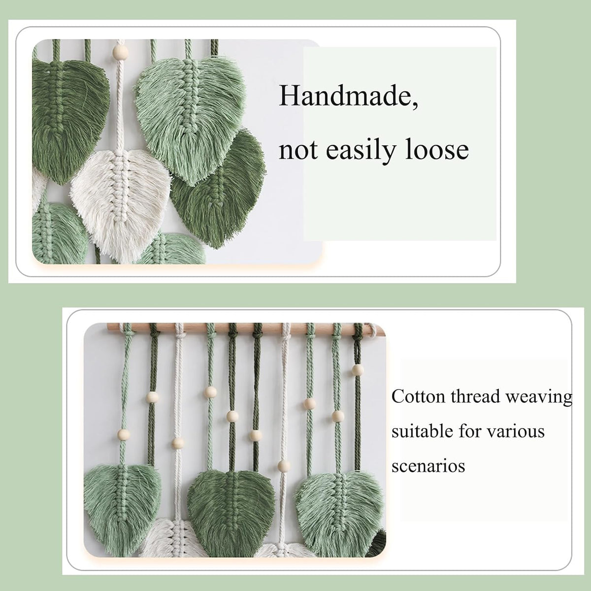 MSFENG Wall Hanging Decor Leaves Tapestry Boho Wall Decor Woven Feather Handmade Yarn Tassels Woven Wall Art Decorations for Nursery, Bedroom, Living Room, Apartment Home Backdrop (LightGreen)