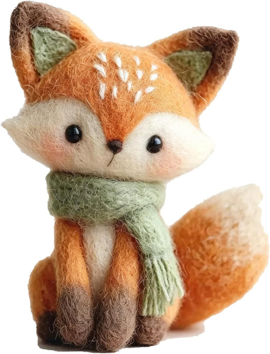 3 Inch Handmade Wool Felt Fox Figurine with Green Scarf,Tabletop Ornament