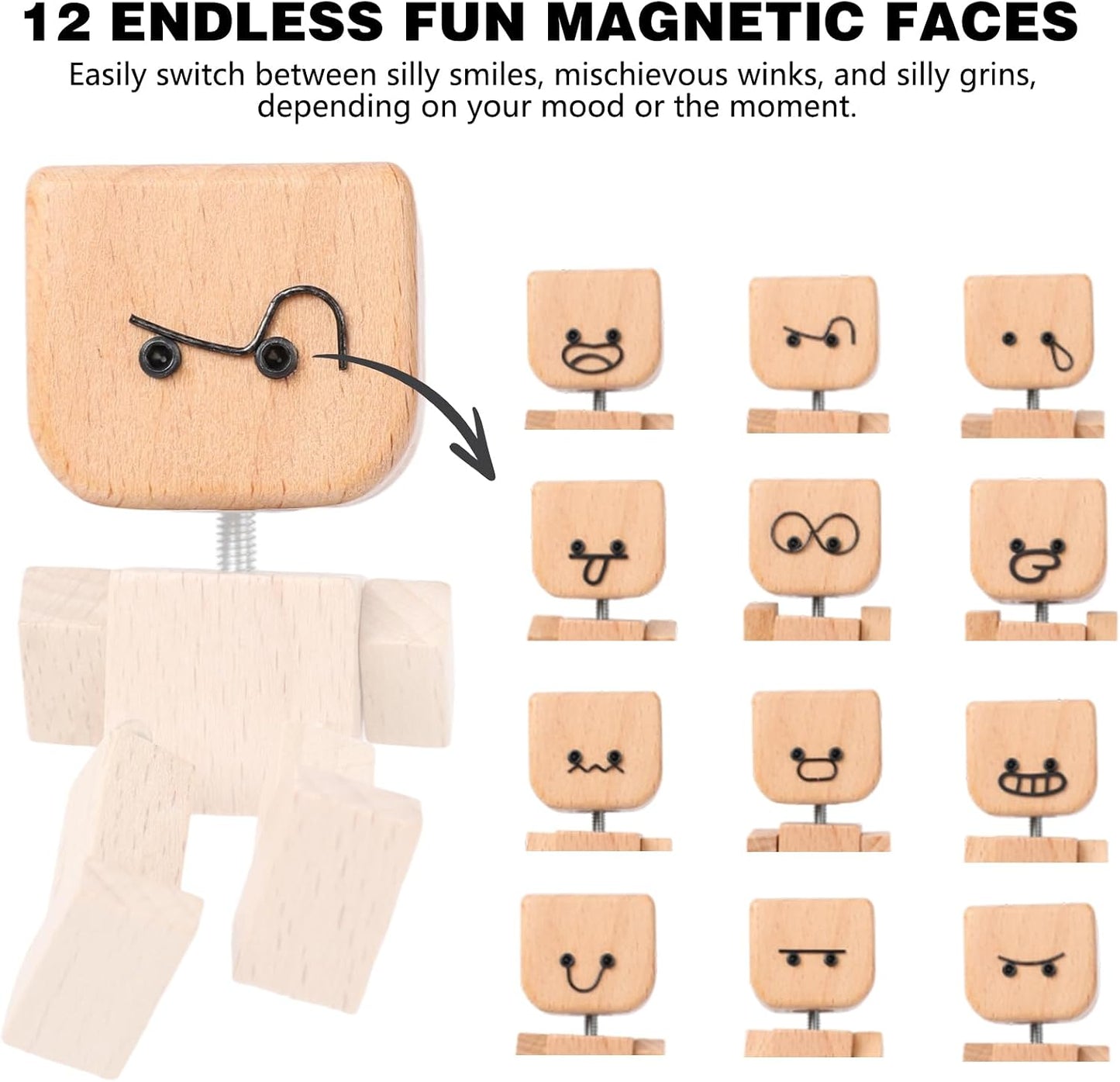 Shaking Wooden Man, Shaking Wooden Man Figurine for Car Dashboard with 12PCS, Funny Cars Ornaments Wood Desktop Decor,Car Dashboard Accessories and Desk Decoration