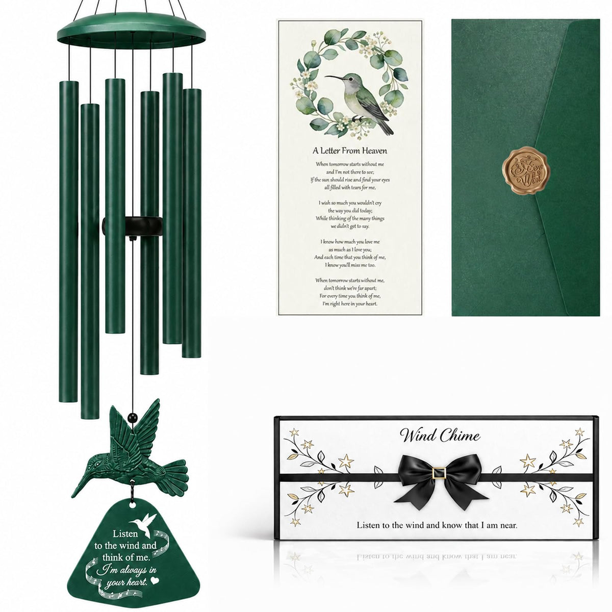 36" Memorial Wind Chimes for Outside, Sympathy Gift for Loss of Loved One, Hummingbird Wind Chime for Mom Dad, Bereavement Remembrance Funeral Condolence Gift