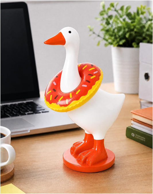 7 Inch Desk Goose with Magnetic Beak and Stable Base, Cute Resin Desktop Statue Key Holder with Donut Swim Ring, Mini Porch Goose Figurine Decor for Home Office Table, Funny Gift