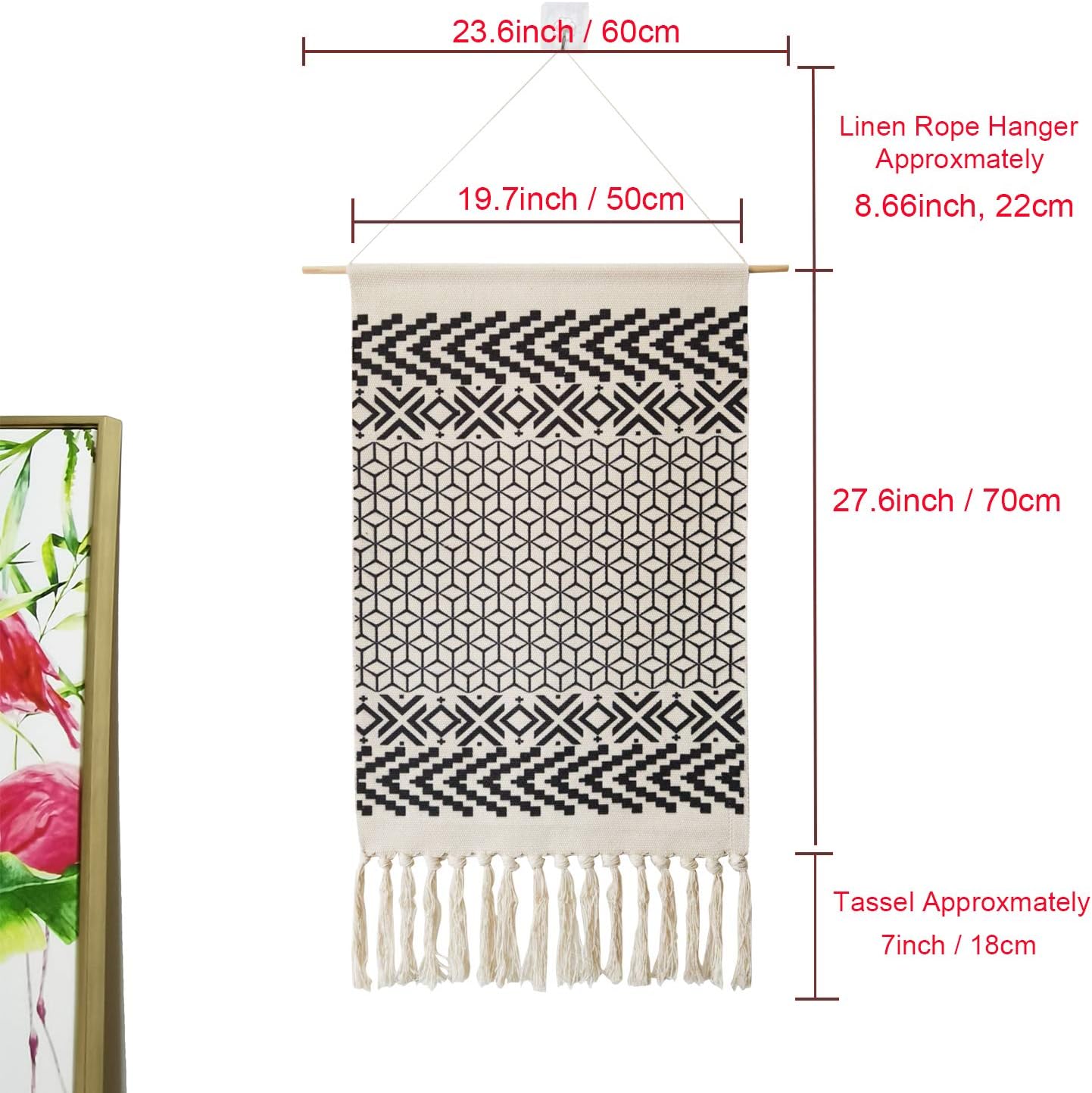 Macrame Woven Wall Tapestry Hanging Art, 20x34 Large Boho Chic Bohemian Morocco Black White Diamond Rhombus Geometric Tapestries Decor for Apartment Dorm Kids Living Room Bedroom Door Entrance