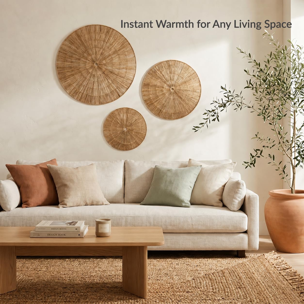 PEMAR Handwoven Jute Wall Hanging Baskets, Set of 3 Round Woven Wall Decor (22", 19", 15"), Decorative Wall Accents for Living Room, Bedroom and Entryway