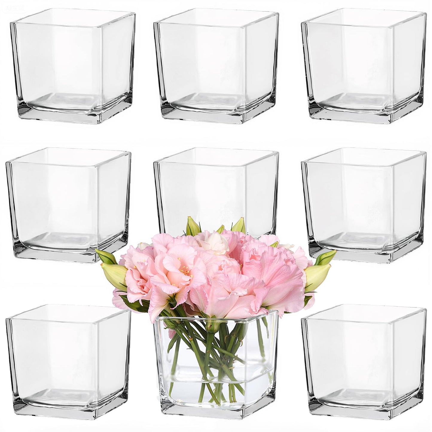 CONNOO 6 Pack 5" x 5" x 5" Clear Square Glass Vase for Centerpieces