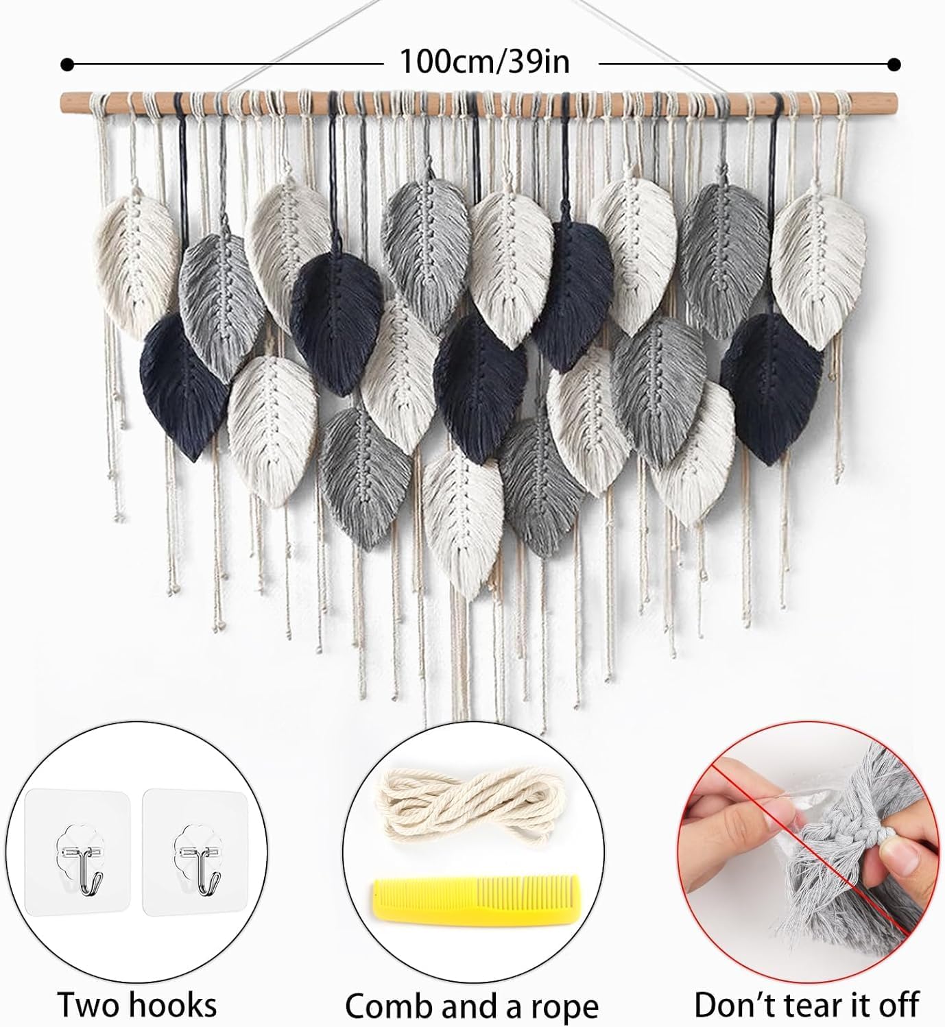 Weldomcor Macrame Wall Hanging Leaf Woven Tapestry Bohemian Chic Wall Hanging Feather Large Handmade Wall Art Decor for Bedroom Living Room Apartment Ornament, 39 inch