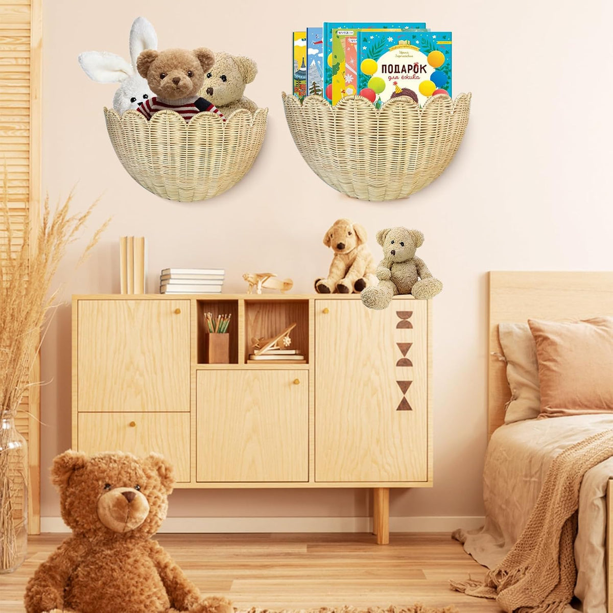 Scalloped Wall Basket, 2pcs Hand Woven Hanging Wicker Set