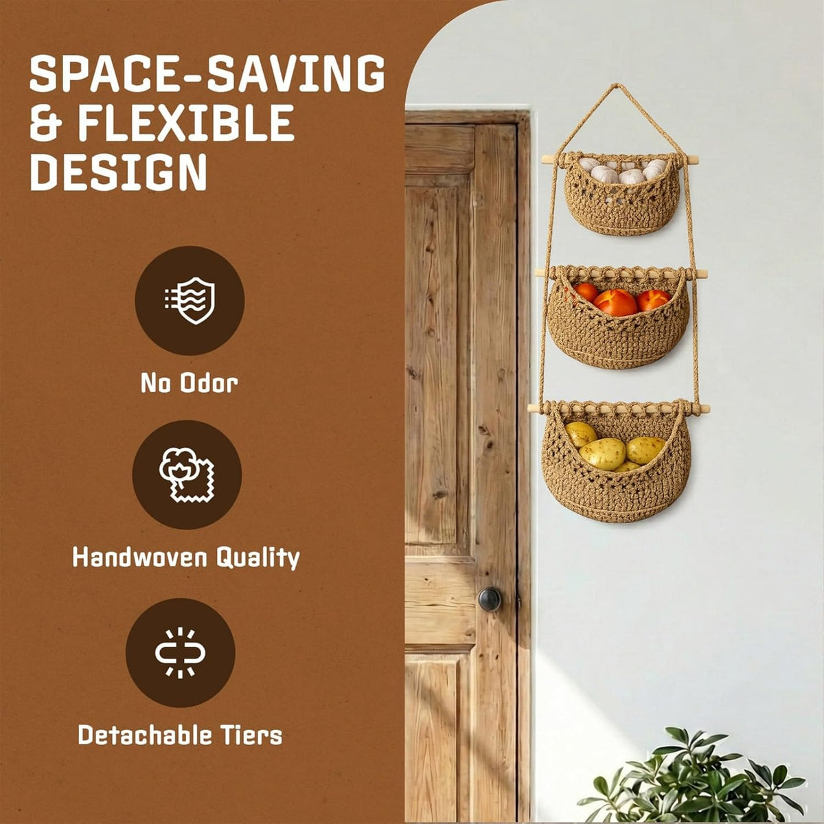 Cotton Hanging Fruit Basket,3 Tier Woven wall Basket, hanging Storage baskets for Kicthen and Bathroom, Macrame wall hanging, Boho Decor Over The Door Decor Organizer, White (Brown)