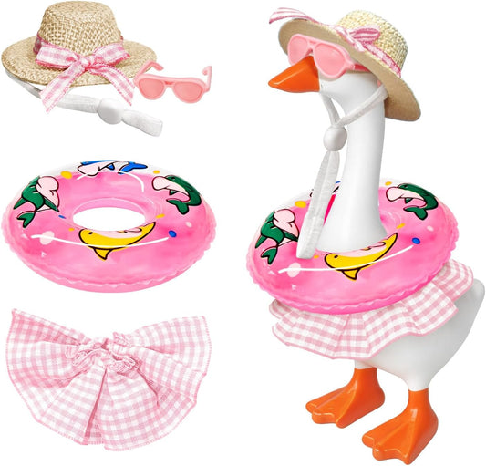 4PCS Summer Bikini Outfit Set 7 Inch Magnetic Desk Goose Statue, Pink Skirt Straw Hat Sunglasses Swim Ring,Mini Cute Costume Accessories for Small Desktop Goose Decor,Office Table Aesthetic Ornament