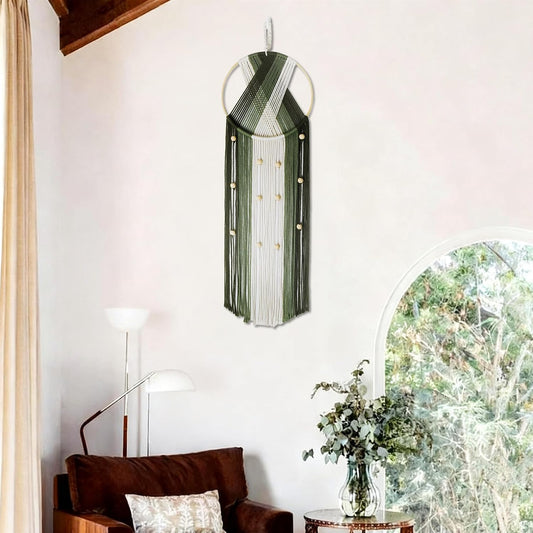 LB Long Boho Macrame Wall Hanging, Green Beige Handmade Cotton Woven Tapestry, Modern Geometric Bohemian Wall Decor for Bedroom Living Room, Nature Inspired Room Decor 31.5" x 9.84"