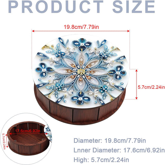 antor Mandala Snowflake Diamond Art Storage Box, Round Wooden DIY 5D Crystal Diamond Painting Desktop Ornament Organizer, Handmade Jewelry or Money Storage Box, Home Office Decor Crafts Gifts