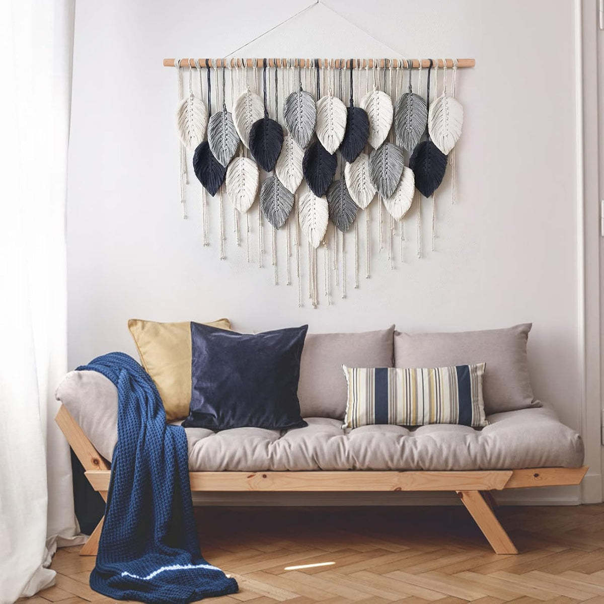 Weldomcor Macrame Wall Hanging Leaf Woven Tapestry Bohemian Chic Wall Hanging Feather Large Handmade Wall Art Decor for Bedroom Living Room Apartment Ornament, 39 inch