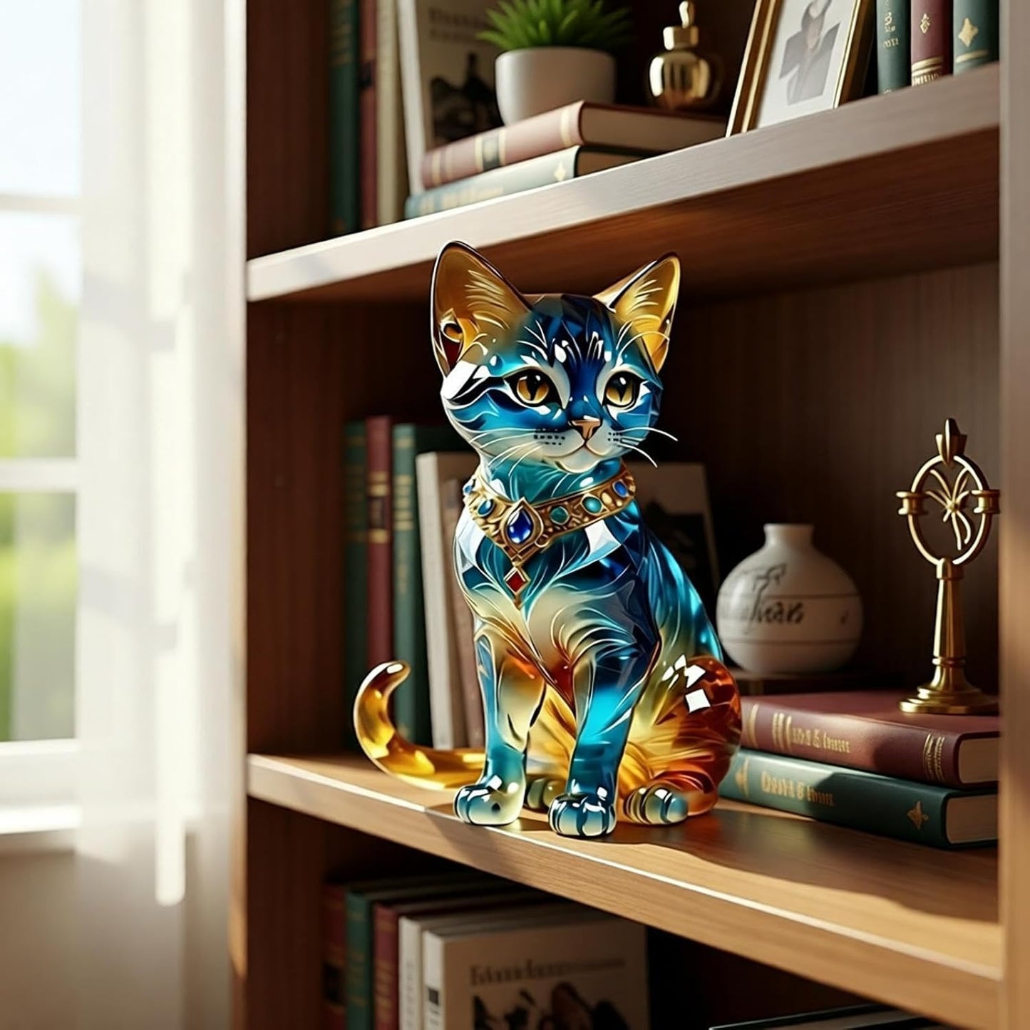 Desktop Ornament, Acrylic Fairy Tabletop Decoration, 2D Flat Elf Desktop Art Statue, Creative Decoration for Home Table Top Bedroom Living Room Study Room Office Decor (Blue-Cat)