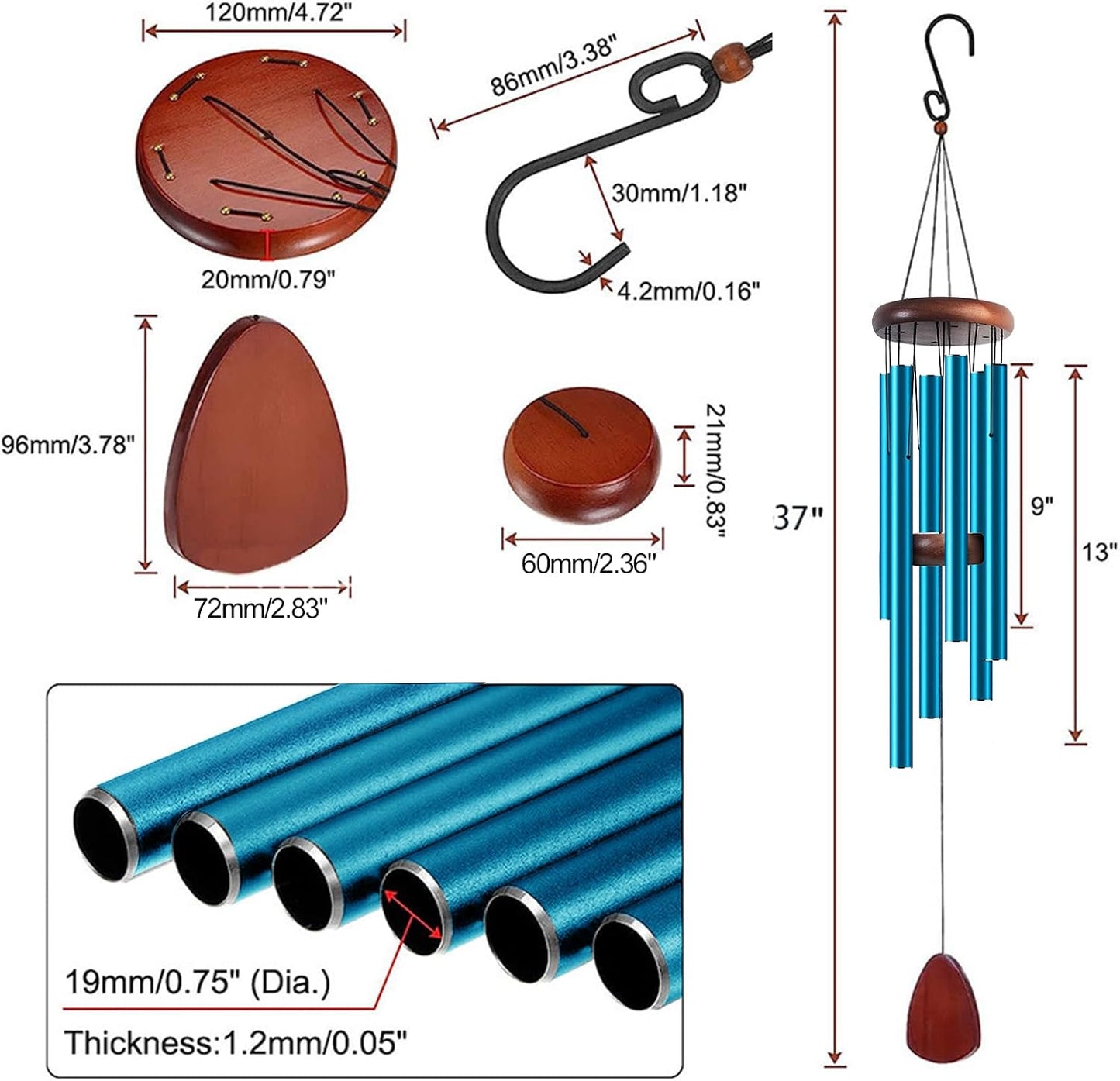 37 Inch Blue Aluminum Wind Chimes, Outdoor Garden