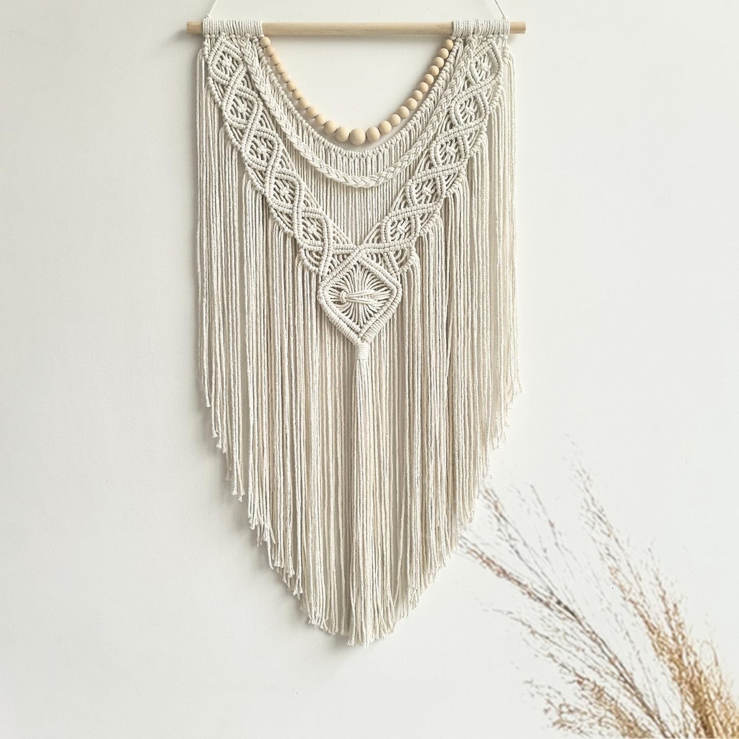 guzhiou Macrame Wall Hanging Boho Geometric Woven Tapestry Cotton Handmade Bohemian Art Decor with Wood Bead Wall Decor for Bedroom Living Room Apartment Nursery 31.5" L x 17" W (Wood bead-B)