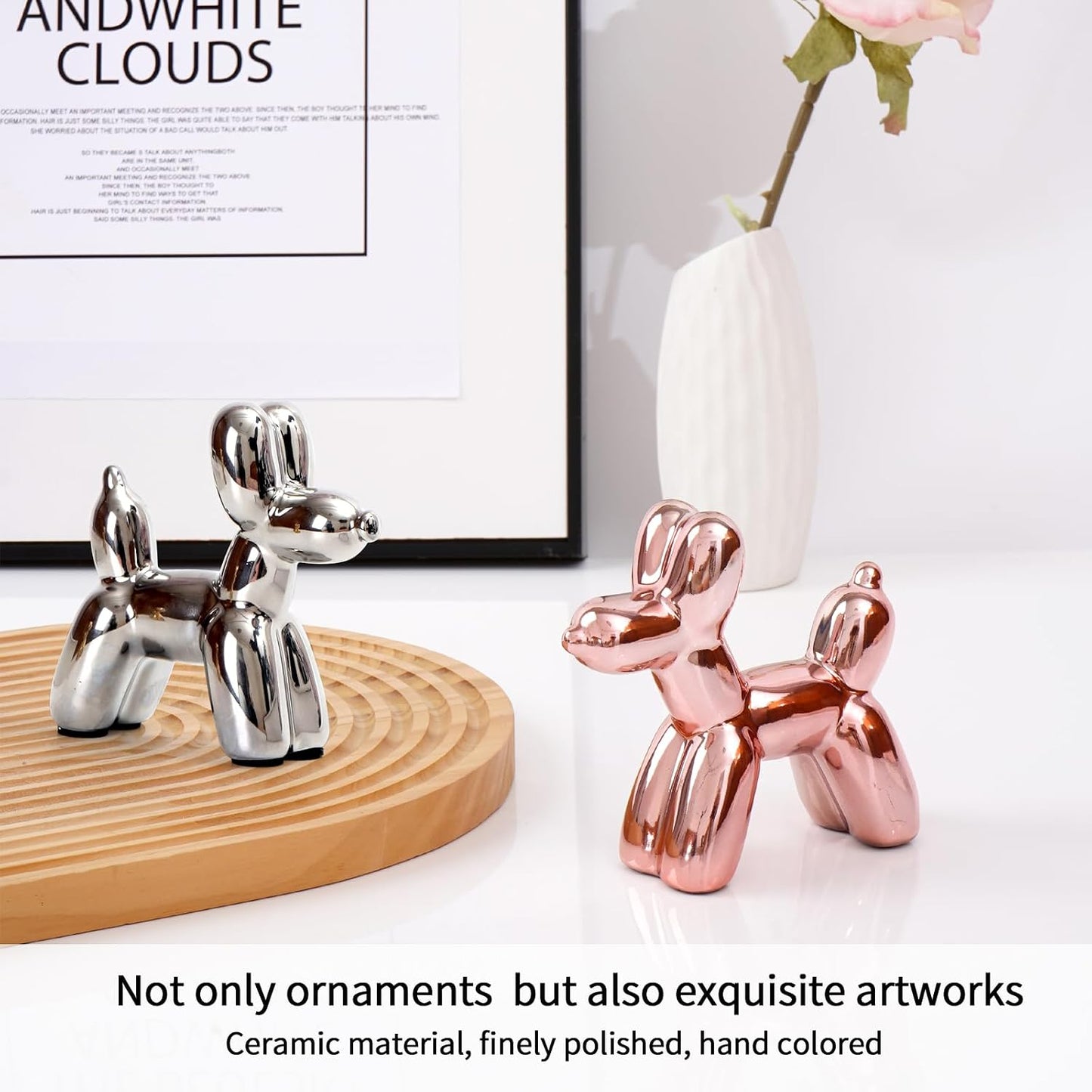 Notakia Cute Ceramics Pink Balloon Dog Statue Crafts Living Room Desktop Decorations,Handmade Modern Small Ceramic Animal Statue Ornament Home Decor Accents (Pink Balloon Dog)