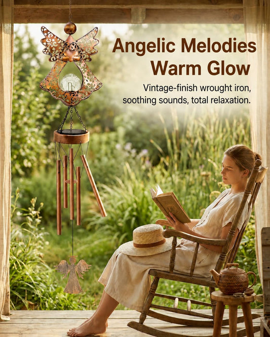 41" Large Angel Solar Wind Chimes for Outside, Metal Garden Decor