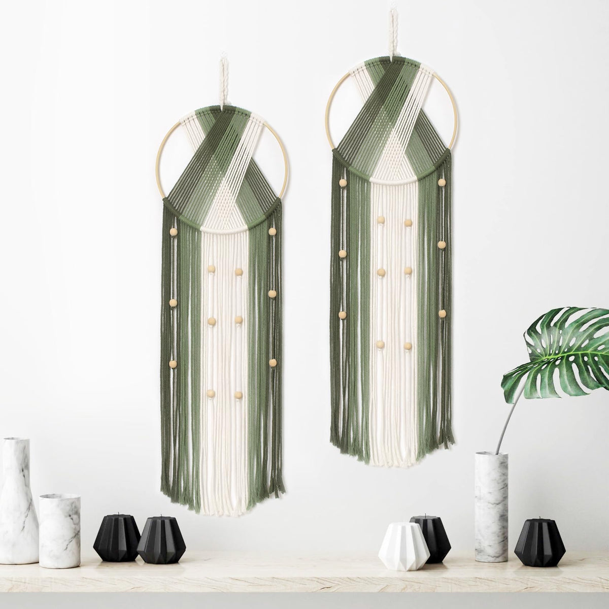 LB Long Boho Macrame Wall Hanging, Green Beige Handmade Cotton Woven Tapestry, Modern Geometric Bohemian Wall Decor for Bedroom Living Room, Nature Inspired Room Decor 31.5" x 9.84"