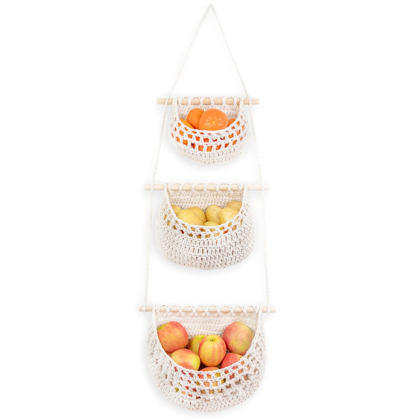 Cotton Hanging Fruit Basket,3 Tier Woven wall Basket, hanging Storage baskets for Kicthen and Bathroom, Macrame wall hanging, Boho Decor Over The Door Decor Organizer, White (Brown)
