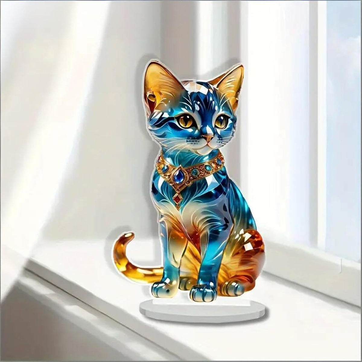 Desktop Ornament, Acrylic Fairy Tabletop Decoration, 2D Flat Elf Desktop Art Statue, Creative Decoration for Home Table Top Bedroom Living Room Study Room Office Decor (Blue-Cat)