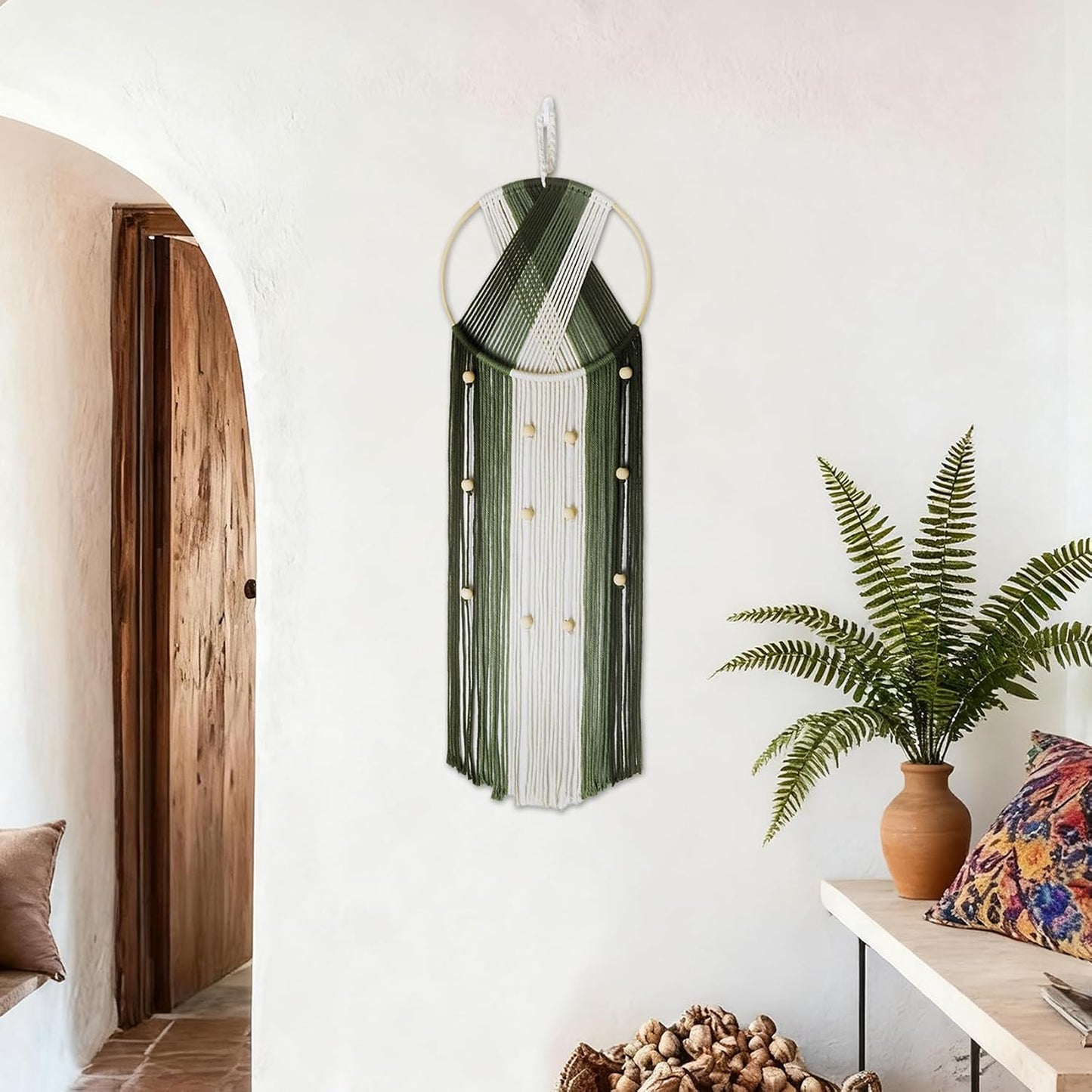 LB Long Boho Macrame Wall Hanging, Green Beige Handmade Cotton Woven Tapestry, Modern Geometric Bohemian Wall Decor for Bedroom Living Room, Nature Inspired Room Decor 31.5" x 9.84"