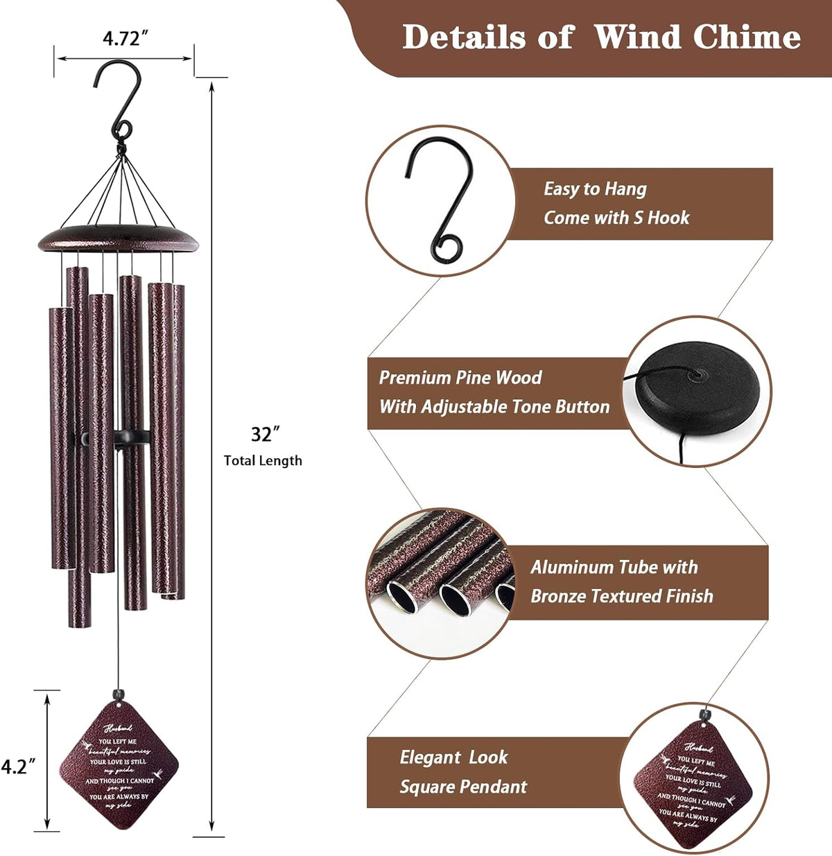 Memorial Gifts for Loss of Husband - 32" Sympathy Wind Chimes, Remembrance/Bereavement Gift