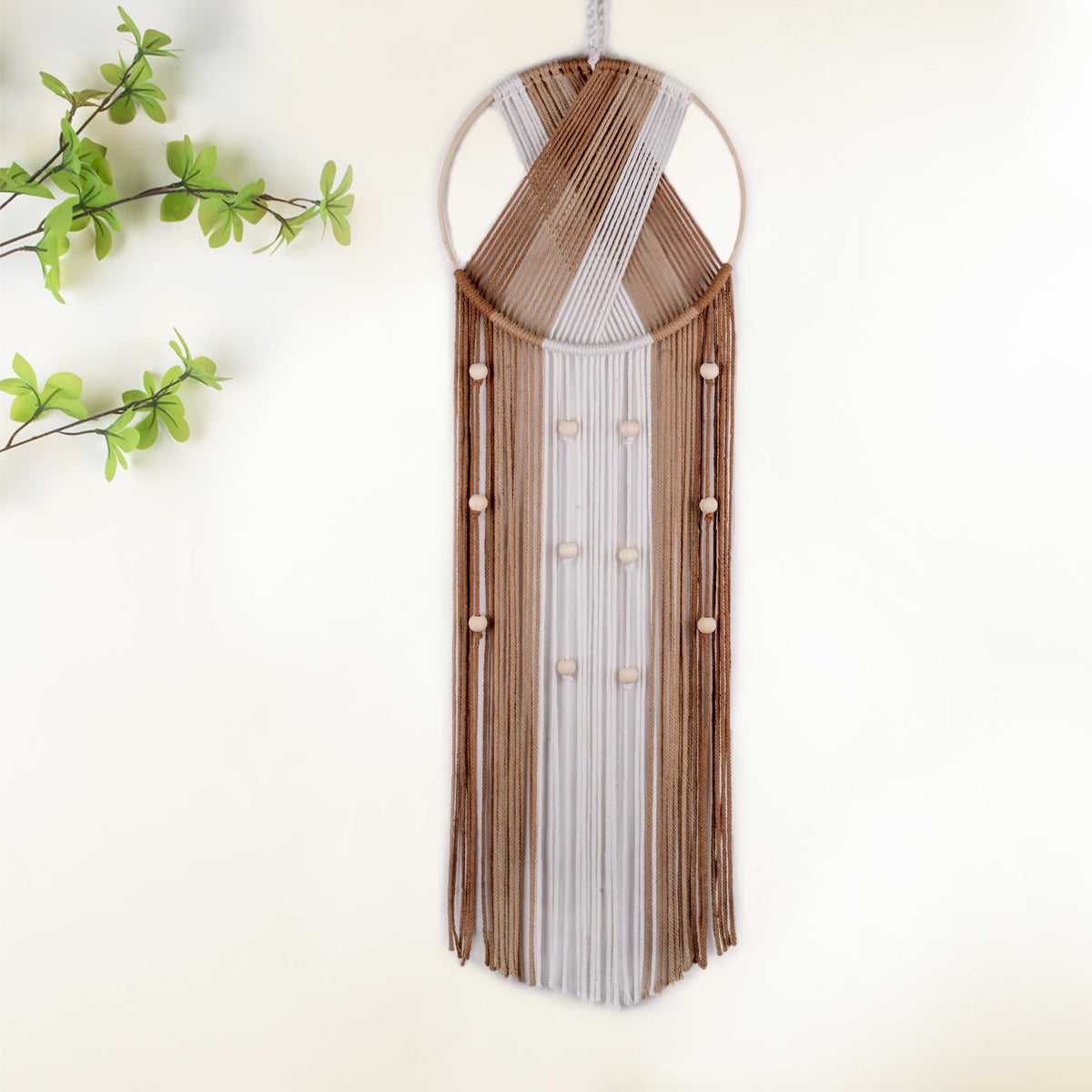 LB Long Boho Macrame Wall Hanging, Green Beige Handmade Cotton Woven Tapestry, Modern Geometric Bohemian Wall Decor for Bedroom Living Room, Nature Inspired Room Decor 31.5" x 9.84"