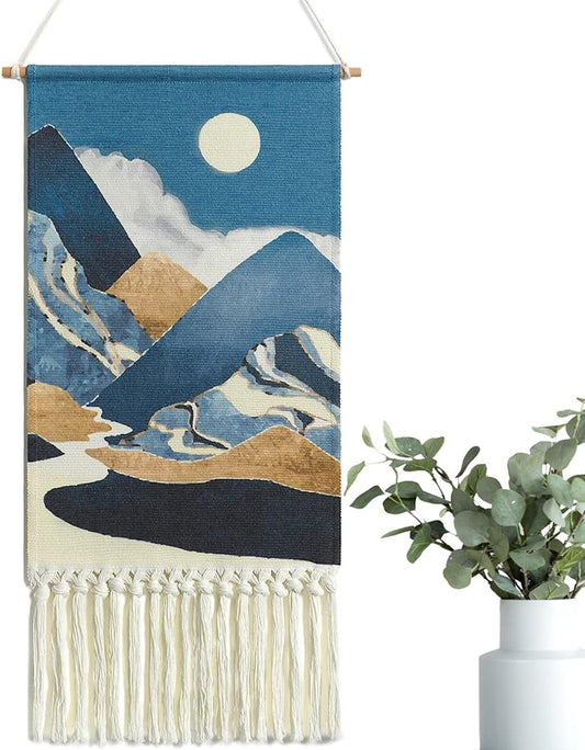 Blue Macrame Woven Wall Hanging Tapestry Boho Wall Art Moon Mountain