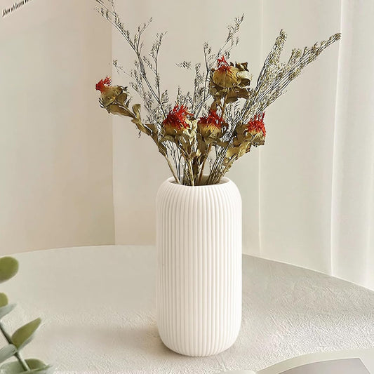 Ceramic Vase for Flowers – Modern Small Ribbed Textured Flower Vase for Home Decor, Pampas Grass, Decorative, Farmhouse, Coffee Table, Kitchen Centerpieces, Bookshelf and Home Living (White)