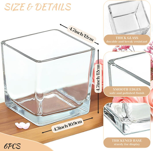 CONNOO 6 Pack 5" x 5" x 5" Clear Square Glass Vase for Centerpieces