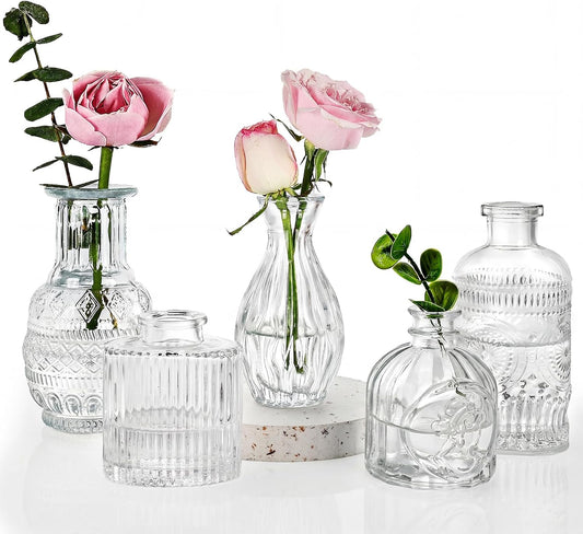 Fixwal Set of 5 Bud Vases, Small Vase for Flowers, Glass Vase for Home Decor, Wedding Decorations, Clear Flower Vases for Centerpieces, Vintage Vase for Home Decor