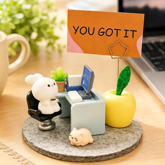 Emotional Support Bunny Desk Decor Set, Miniature Office Figurine