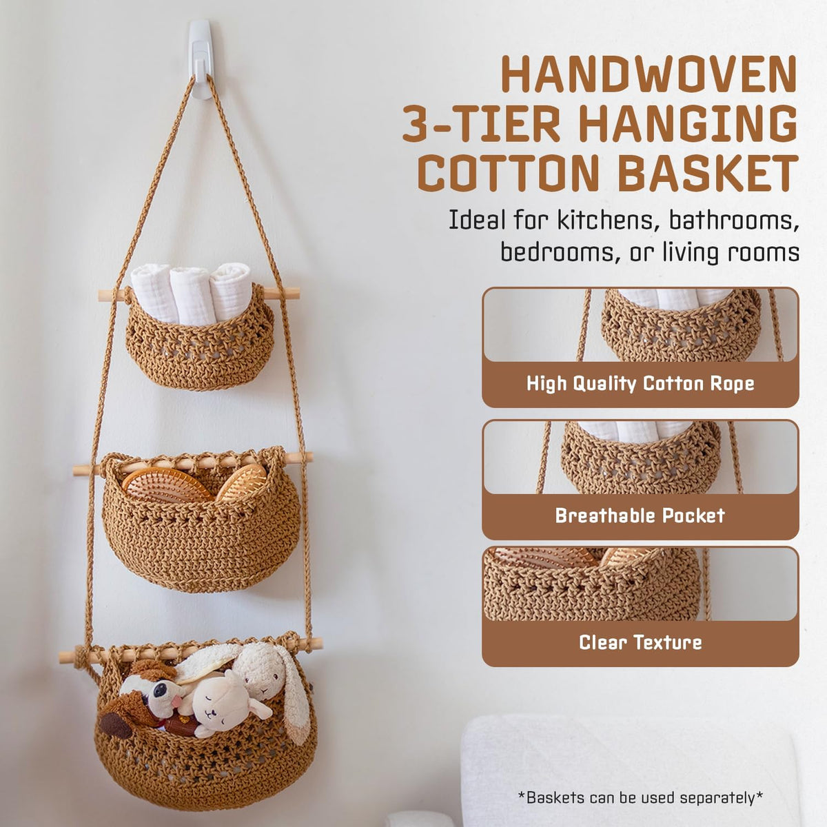 Cotton Hanging Fruit Basket,3 Tier Woven wall Basket, hanging Storage baskets for Kicthen and Bathroom, Macrame wall hanging, Boho Decor Over The Door Decor Organizer, White (Brown)