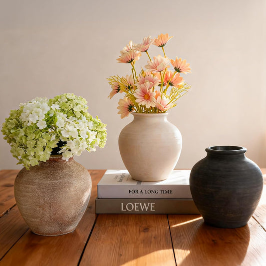 Ceramic Flower Vase Home Decor, 6.2 inch Farmhouse Rustic Vintage Decorative Vases, Pottery Terracotta Boho Flowers Vases for Dining Table, Living Room, Shelf, Kitchen, Bedroom (6.2"-White)