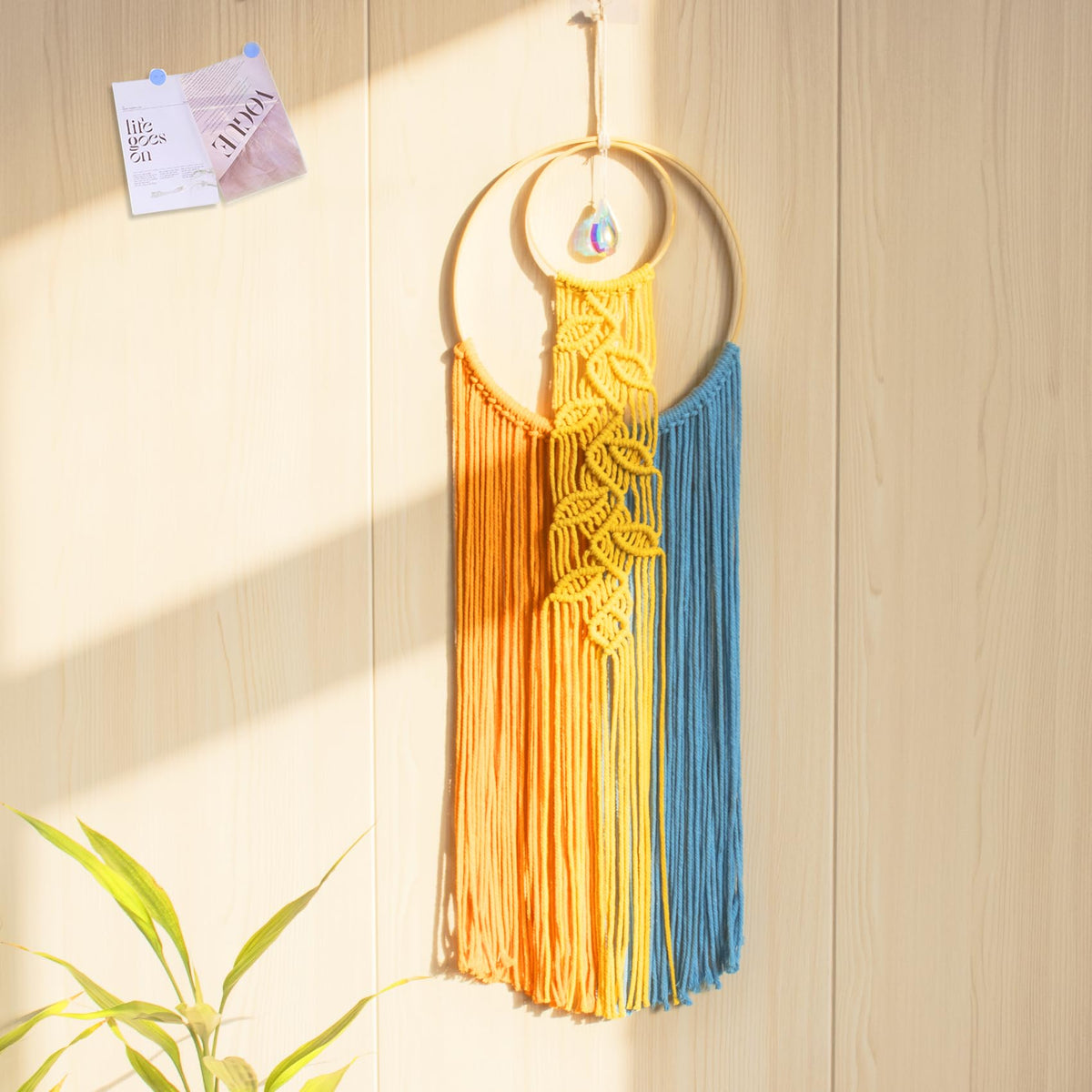 LB Long Boho Macrame Wall Hanging, Green Beige Handmade Cotton Woven Tapestry, Modern Geometric Bohemian Wall Decor for Bedroom Living Room, Nature Inspired Room Decor 31.5" x 9.84"
