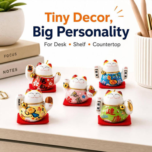 Lucky Cat Chinese Ceramic Figurines, Set of 5 Mini Fortune Cats, Desktop Ornaments for Home Decor