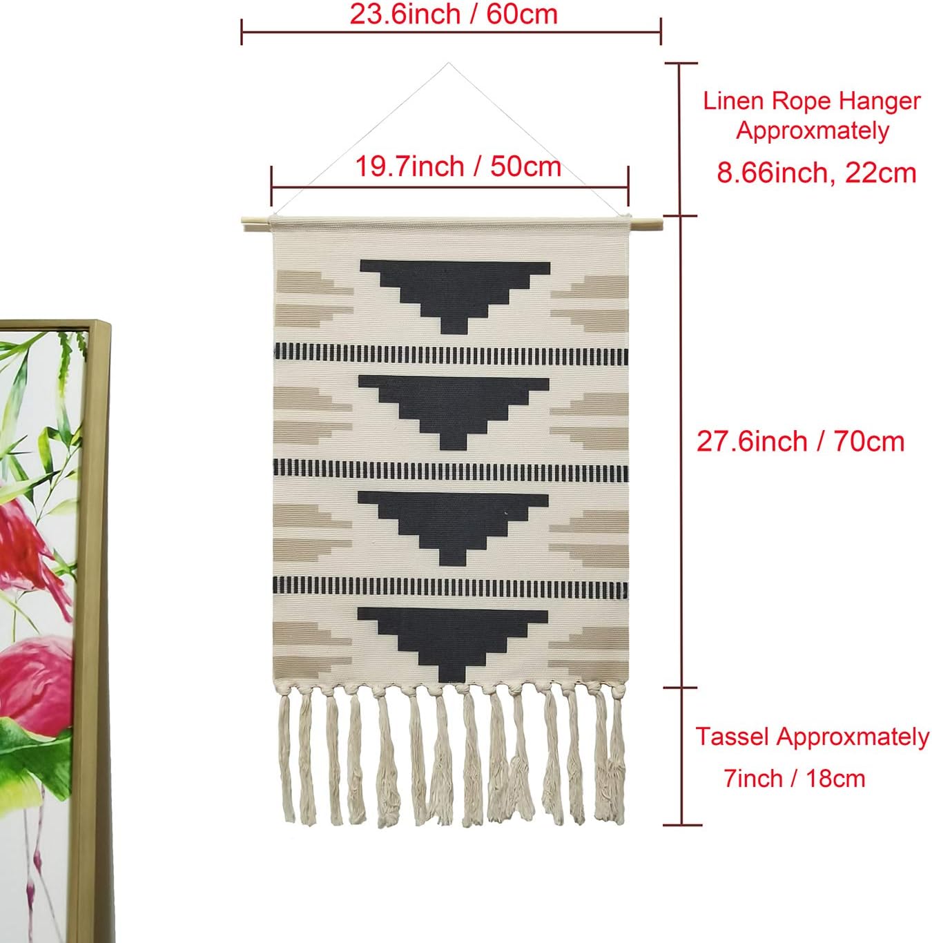 Macrame Woven Wall Tapestry Hanging Art, 20"x34" Extra Large Boho Chic Bohemian Morocco Black White Pyramid Geometric Tapestries Decor for Apartment Dorm Kids Living Bedroom Door Entrance Decoration