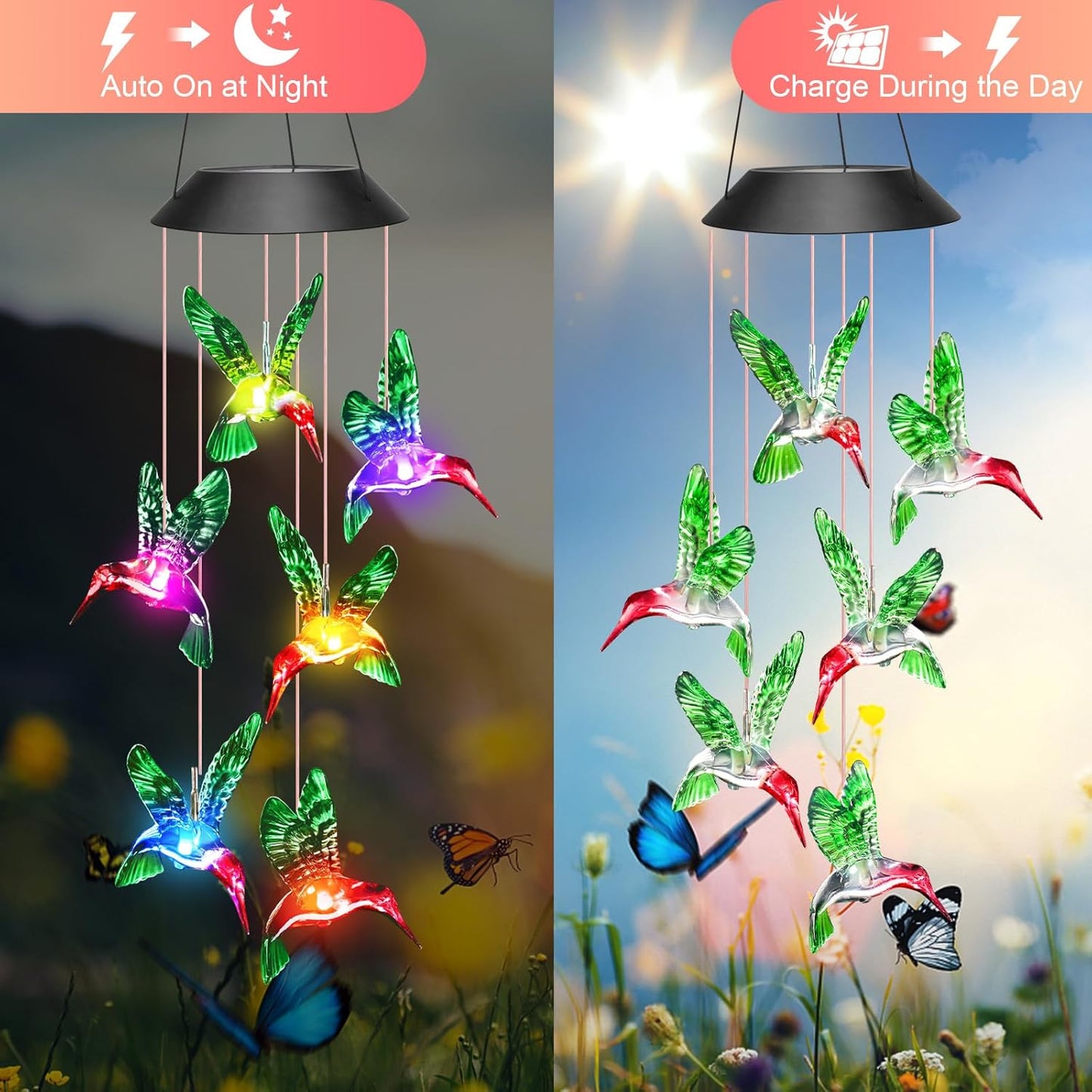 Winzwon Solar Wind Chimes, Christmas Gardening Hummingbird Gifts for Women
