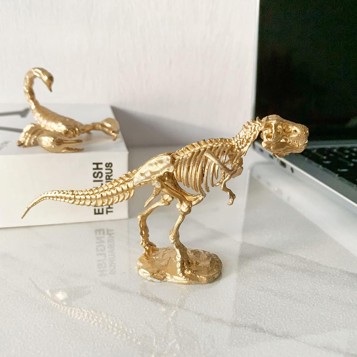 Gold Dinosaur Figurine Home Decor, Solid Metal Centerpiece Decoration, Mini Dinosaur Ornament Animal Desk Figurines for Home Office Desktop