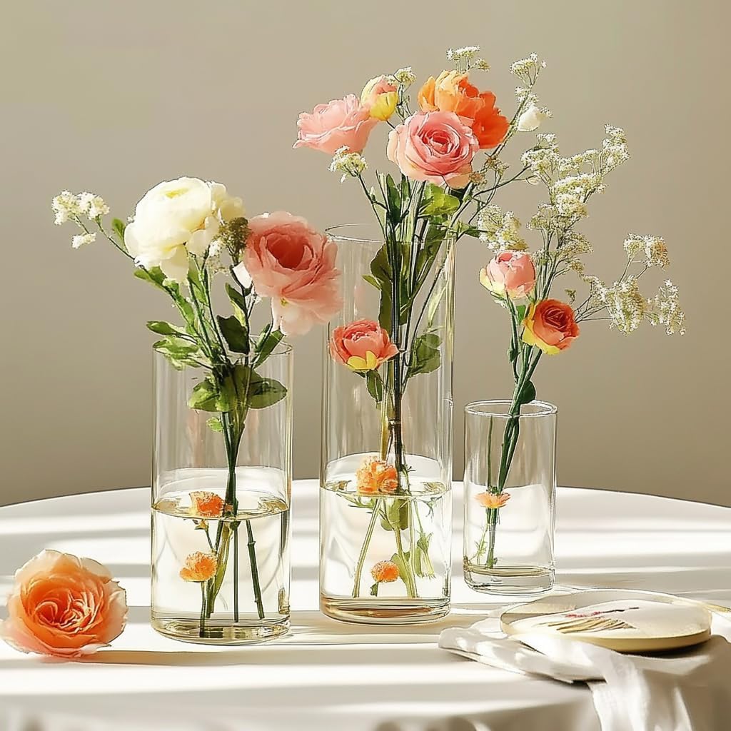 Glass Cylinder Vase Set of 18 for Centerpieces, 4,4.7,6 inch Tall Clear Vase Floating Candle Holder for Wedding Table Home Décor and Party