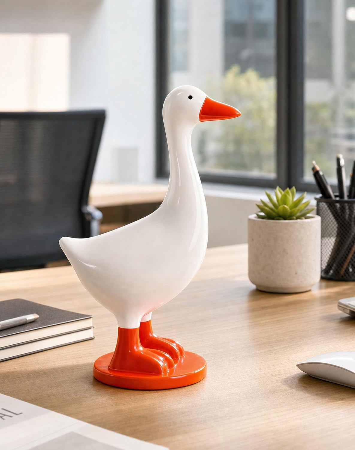 7 Inch Desk Goose with Magnetic Beak and Stable Base, Cute Resin Desktop Statue Key Holder with Donut Swim Ring, Mini Porch Goose Figurine Decor for Home Office Table, Funny Gift