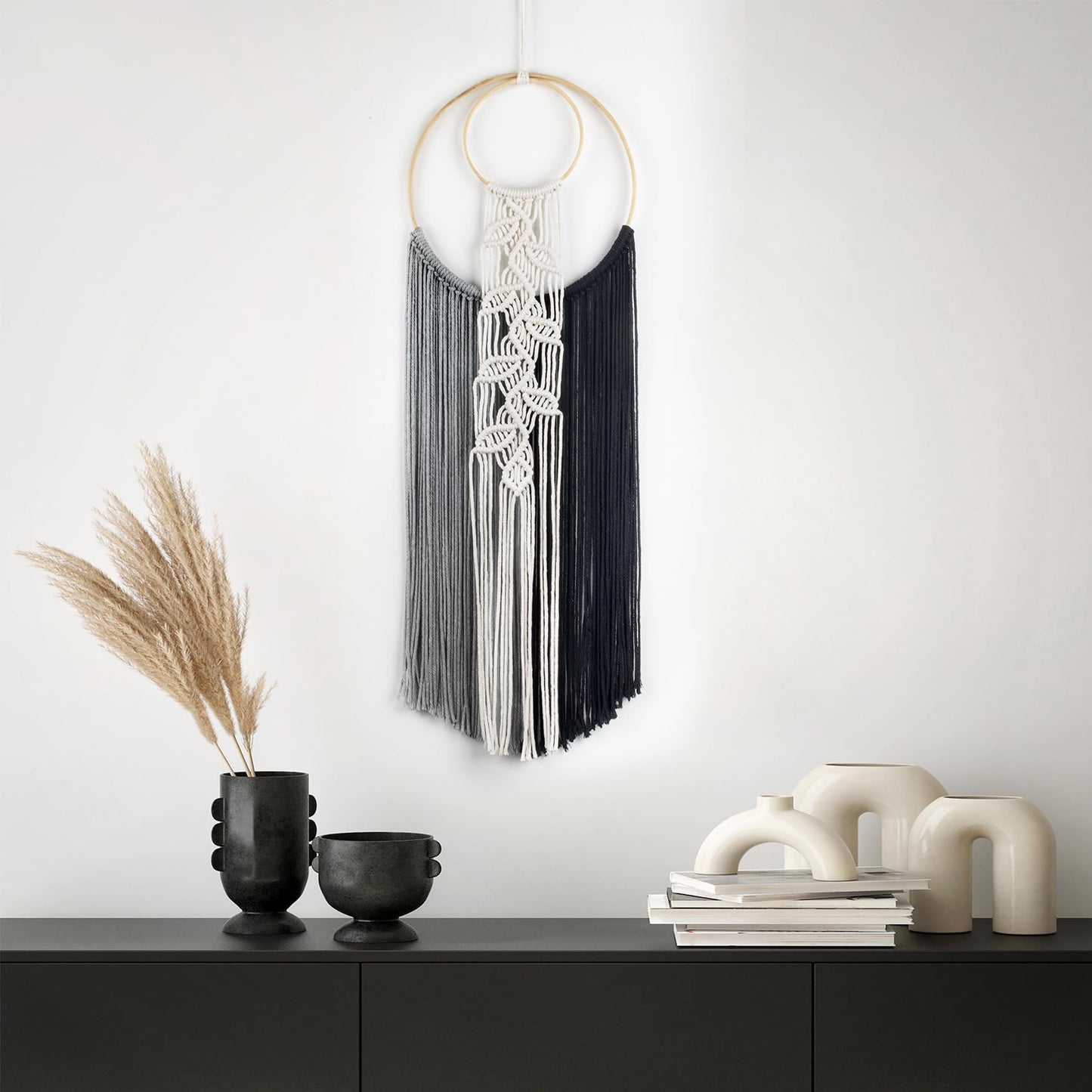 LB Long Boho Macrame Wall Hanging, Green Beige Handmade Cotton Woven Tapestry, Modern Geometric Bohemian Wall Decor for Bedroom Living Room, Nature Inspired Room Decor 31.5" x 9.84"
