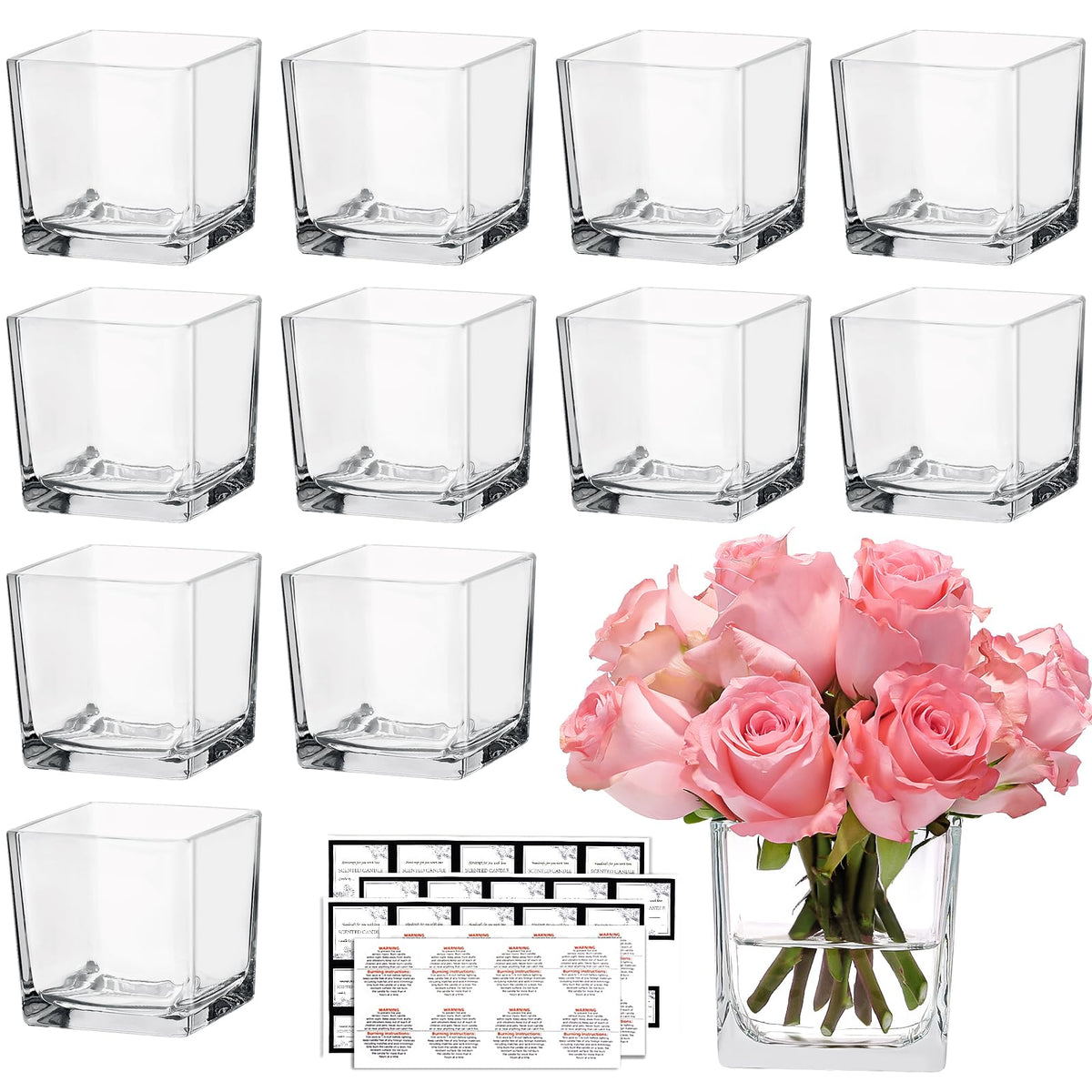 CONNOO 6 Pack 5" x 5" x 5" Clear Square Glass Vase for Centerpieces