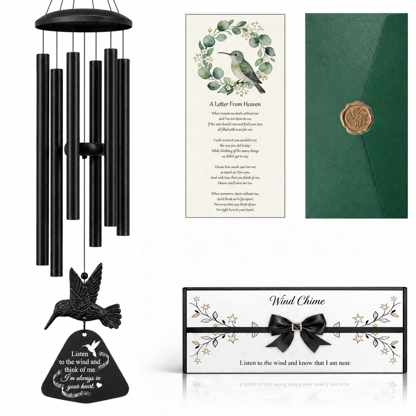 36" Memorial Wind Chimes for Outside, Sympathy Gift for Loss of Loved One, Hummingbird Wind Chime for Mom Dad, Bereavement Remembrance Funeral Condolence Gift